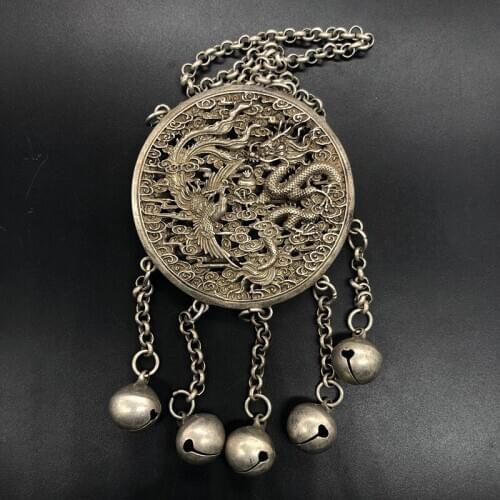 Rare Chinese Collectible Miao Yin Copper Handmade Dragon and Phoenix Amulet Auspicious Necklace Pendant (Ya Jin Lock) Statue