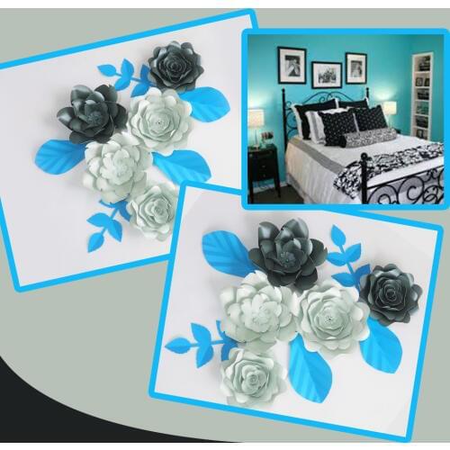 DIY Giant Paper Flowers Artificial Rose Fleurs Artificielles Backdrop 5pcs+ 5 Leave Wedding Party Decor Nursery Green Series