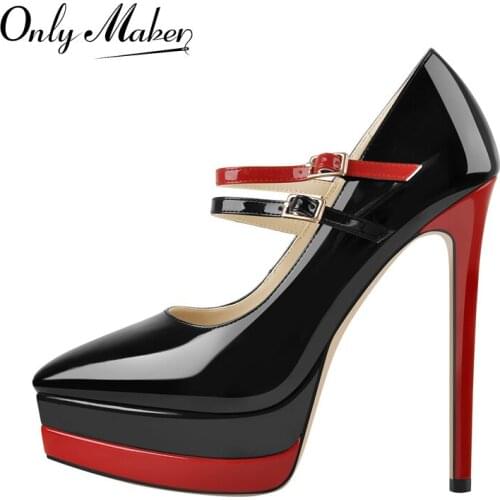 Onlymaker Womens Platform Pumps Pointed Toe Black Patent Leather Ankle Buckles Stiletto High Heels Shoes Casual Concise