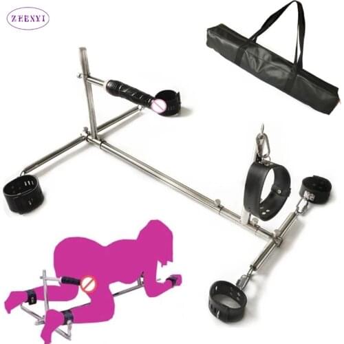 Unisex Stainless Strrl BDSM Bondage Gear Dildo Leather Handcuffs Ankle Cuffs Neck Collar Slave Sex Toys for Couples Adult Game