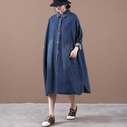 Autumn 2020 New Korean Version Loose Large Size Literary Washed Denim Single Breasted Shirt Dress Woman Clothes Vintage TopK1086