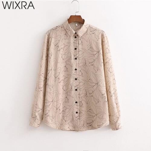 Wixra Womens Shirts And Blouses Long Sleeve Spring New Ladies Floral Print Turn Down Collar Beige Tops