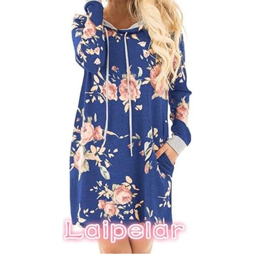 Hoodies Dress Women Autumn Floral Printed Dresses Hoody Female Winter Long Sleeve Pockets Hooded Dress GV892 Laipelar