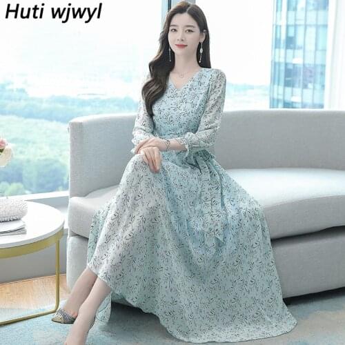 2021 Spring Autumn New Floral Chiffon Vintage Midi Dress Plus Size Boho Beach Maxi Dress Women Bodycon Party Casual Maxi Vestido