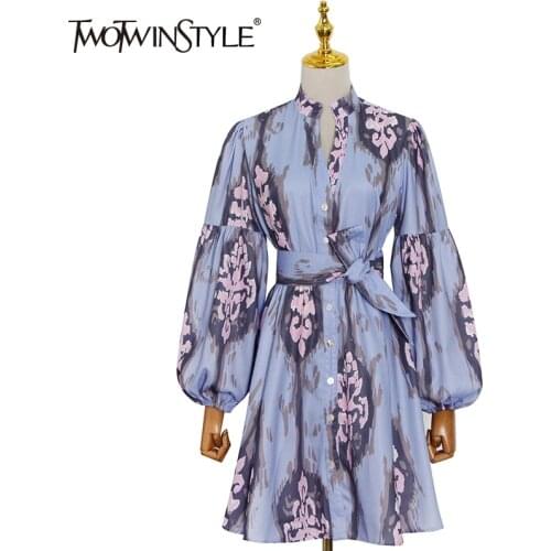 TWOTWINSTYLE Vintage Colorblock Crinkle Dress For Women Stand Collar Lantern Long Sleeve Lace Up Mini Dresses Female Summer 2021
