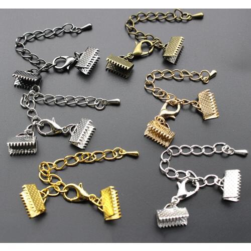 10set/lot Ribbon Leather Cord End Fastener Clasps With Chains Lobster Clasps Connectors For Bracelet Diy Jewelry Making Findings