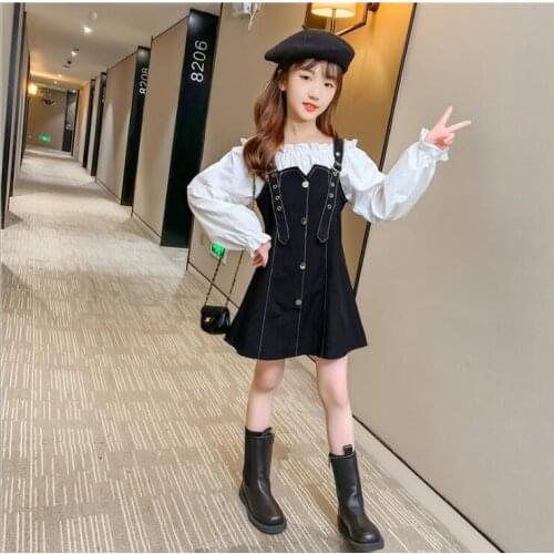 2021 Korea style girls 2 pcs set blouse+denim dress fashion cotton spring girls suit 4-9t A853