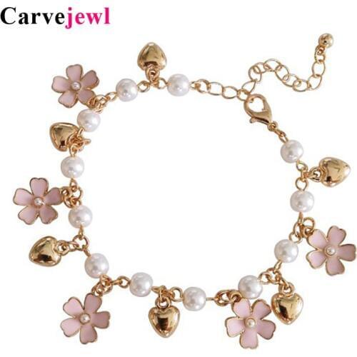Carvejewl hand made enamel glaze flower love heat Charms Bracelet bangle linked pearl simple Bracelet lovely young girl bracelet