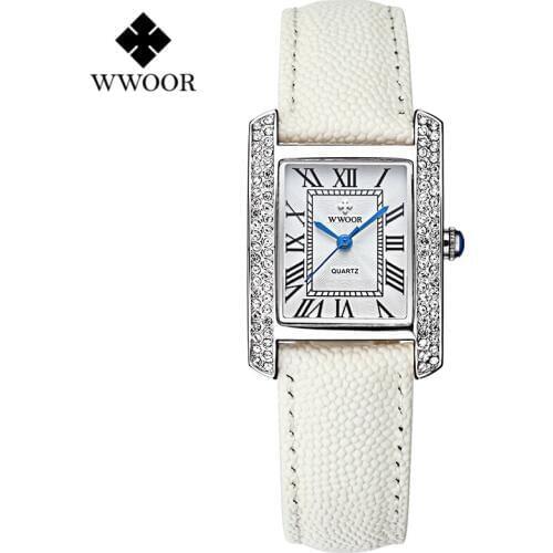 Top Fashion Watches Women Brand WWOOR Quartz Watch Diamonds Dress Ladies Casual Crystal Sports Wristwatch Leather strap white