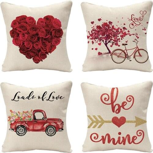 Red Heart Roses Cushion Cover Linen Valentines Day Love Tree Flower Pillow Cover Home Decor Sofa Throw Pillow Case Gift Wedding