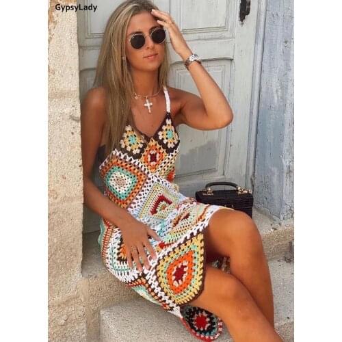 GypsyLady Bohemian Knitted Summer Dress Handmade Vintage Chic Hollow Out Holiday Beach Dress Sheer Ins Ladies Women Dresses 2021
