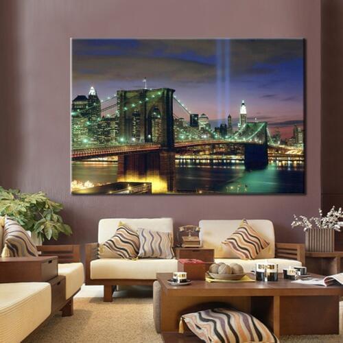 70x100cm, New York Brooklyn Bridge Canvas Prints Painting City Night Landscape Art Picture For Living Room Wall Decor Large Size
