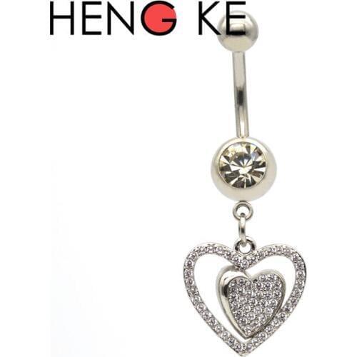 CZ Gem Navel Belly Ring Crystal Button Bar Body Piercing Jewelry Double Heart Clear Body Piercing Jewelry 14G Zircon Dance Cute