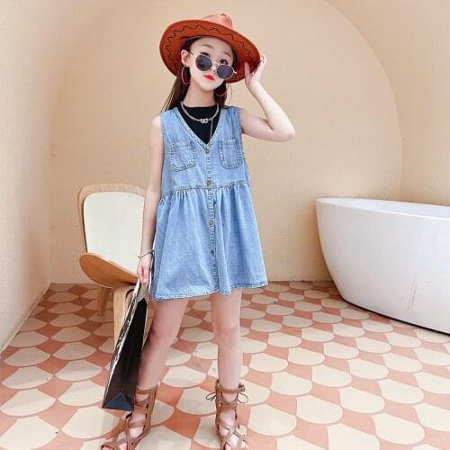 Teen Girls Clothing Sets Sleeveless V-Neck Denim Suspender Dress+Black Vest Two-Pieces Suit New Fashion Childrens Outfits 5-14Y