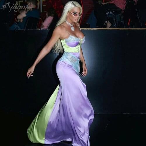 Ailigou 2021 New White Yellow Purple Lace Ladies Sexy Hollow Open Back Thin Shoulder Strap High Split Celebrity Club Party Dress