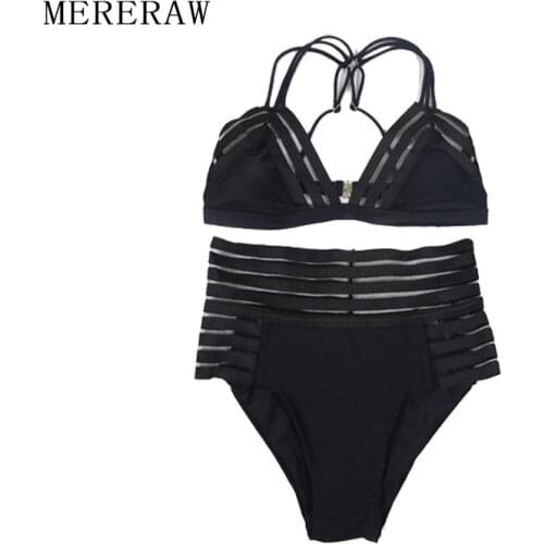 Polyester Striped bikini swimwear new womens mesh gauze fashion split high waist foreign trade bikini swimming suit for women