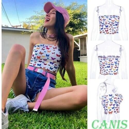 Summer Women Girl Butterfly Print Wrapped Chest Boob Tube Transgender Undershirt Strapless Short Tube Tops Crop Top