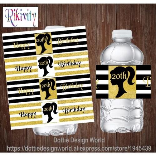 Rikivity Personalized Gold Black Stripes Girl Water Bottle Wine Labels Candy Bar Wrapper Sticker Birthday Baby Shower Decoration