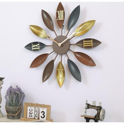 Wall Clocks Home Decor Silent Hanging Clock Large Iron Art Wall Watches Leaves Home Decoration Salon Living Room Bedroom Office