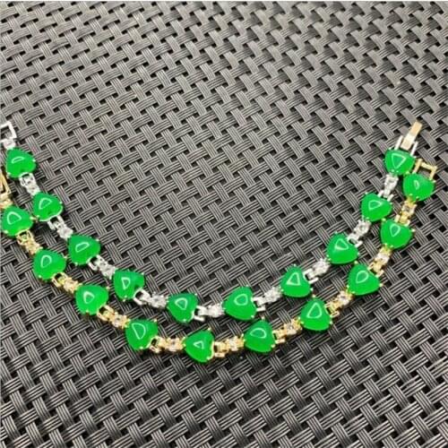 Natural Malay jades Chalcedony Stone Plated Bracelet Green Jades heart shape Beads Jewelry Making Womens Exquisite Gifts 7inch