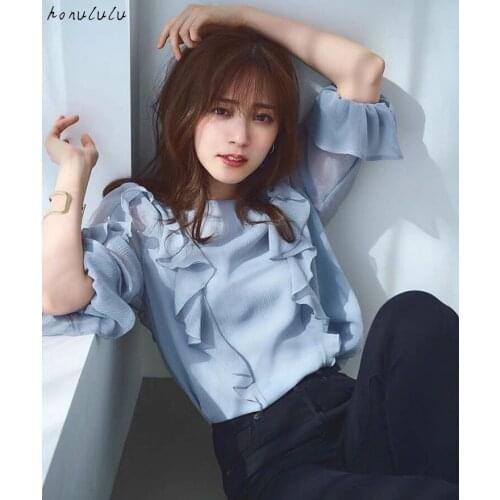 2021 spring and summer new product Japanese sweet style texture translucent wrinkled ruffled chiffon shirt blouse