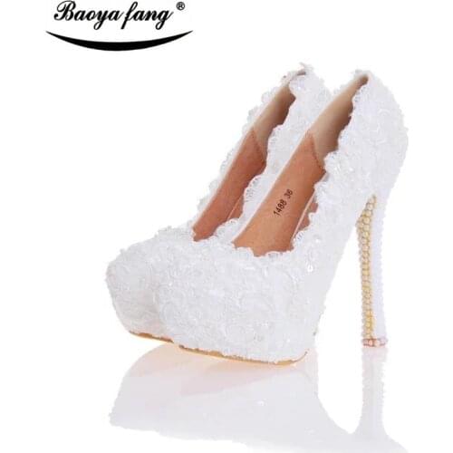 New arrival 2017 Lace Womens Wedding shoes white high heels platform shoes Real leather insole woman party dress shoes