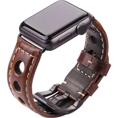 Oil Wax Cowhide Watchbands for Apple Watch 4 3 2 1 42MM 38MM Dark Brown Women Men Fashion Genuine Leather Watch Band Strap Belt