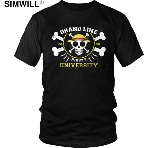 Vintage One Piece Tshirt Men Cotton Grand Line University Tee Shirts Short Sleeves Pirate Skull T-Shirt Fashion Extra Large Tops