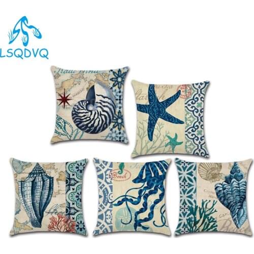 Vintage Style Sea Animals Octopus Shell Printed Polyester Throw Pillow Case Cover Capa De Almofadas 45x45cm