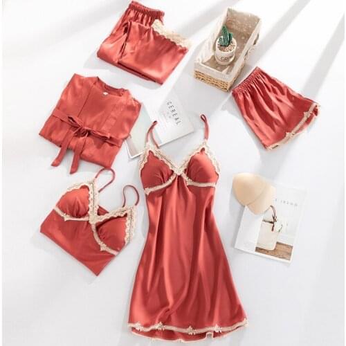 5PCS Women PJS Set Satin Pajamas Sleepwear Lounge Wear Lace Patchwork Kimono Bathrobe Gown Soft Nightwear Pyjamas With Pads