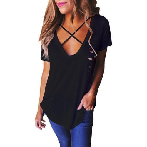 T-shirt Women Clothing short sleeve Fashion Hole TShirt Women Shirt Summer V neck Female White Top Tees sexy T-shirts