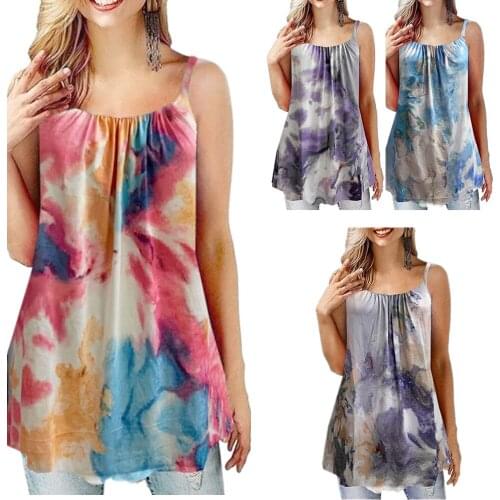 Womens Summer Pleated Big Swing Tie-Dye Gradient Printing Loose Sling Tops