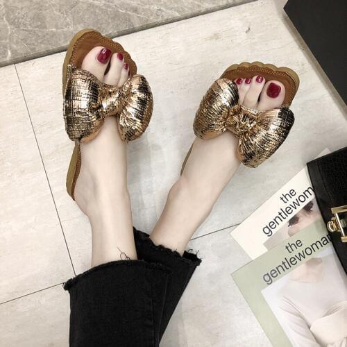 Women Summer Bow Slippers Fashion Outdoor Bow Slippers Leisure Shoes Flat Beach Flip Flops Sweet Women Slides Shiny Bow Sandals