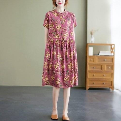 Women Cotton Linen Casual Dress New Arrival 2021 Summer Arts Style Vintage Floral Print Loose Ladies Elegant A-line Dresses B833