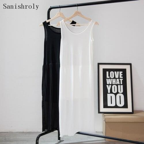 Sanishroly Women Long Pleated Chiffon Dress 2021 Summer Modal Patchwork Tank Dresses Female Bottom Beach Holiday Vestidos SE1185
