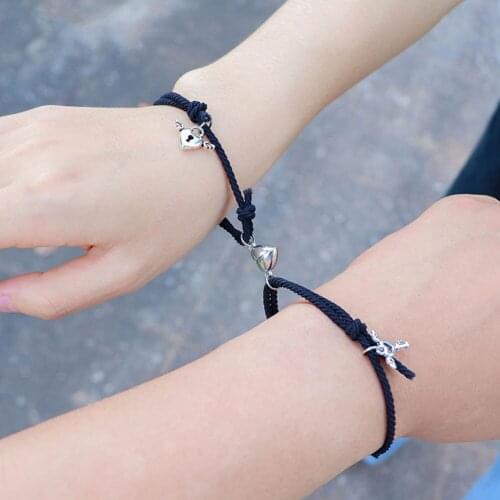 2pcs / set heart magnet attract couple Bracelet lock key pendant love jewelry adjustable braided rope bangle for women and men