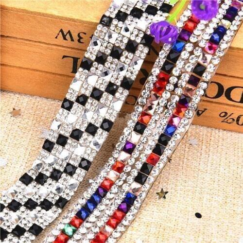 2Yard Square Mix Glass 2Cm Width Hotfix Rhinestones Chain Trim Strass Crystal Banding Mesh Bridal Diamond Appliques For Shoe Bag