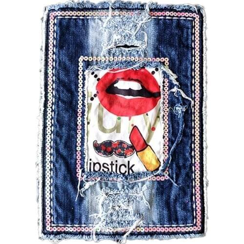 25CM Lipstick Denim Patches for clothing Fabric Jeans Strange things Patch Clothes Stickers Christmas gift Large Biker Badge
