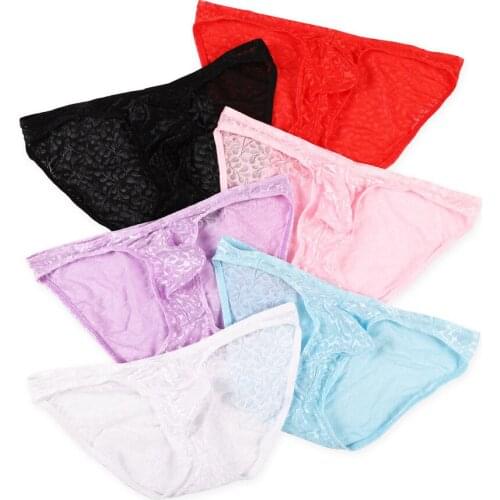 6Pcs/Pack Mens Sexy Lingerie Briefs Gay Lace Underwear Bikini Penis Pouch Jockstraps Breathable Underpants for Men Solid Color