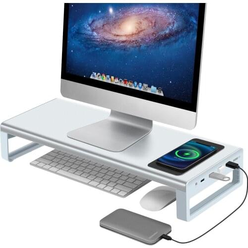 Aluminium Monitor Stand Riser with Wireless Charging 4USB3.0 Ports Transfer Data Charging Keyboard Mouse Desk Organizer