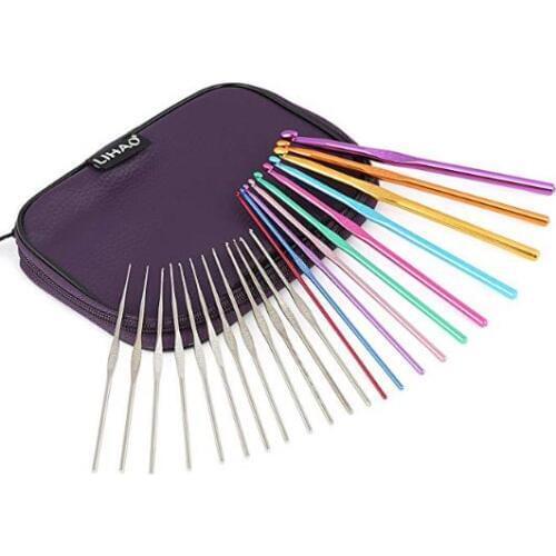 Aluminum Handle Crochet Hooks Ergonomic Knitting Knit Needles Weave Yarn 22 pieces/set with pu leather case bag gift