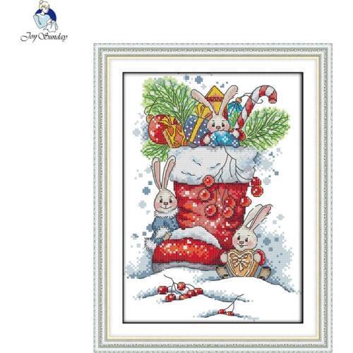 Joy sunday The Rabbit in the Christmas Boots Counted DIY Hand Cross Stitch 11CT 14CT DMC for Embroidery NKF Home Decor