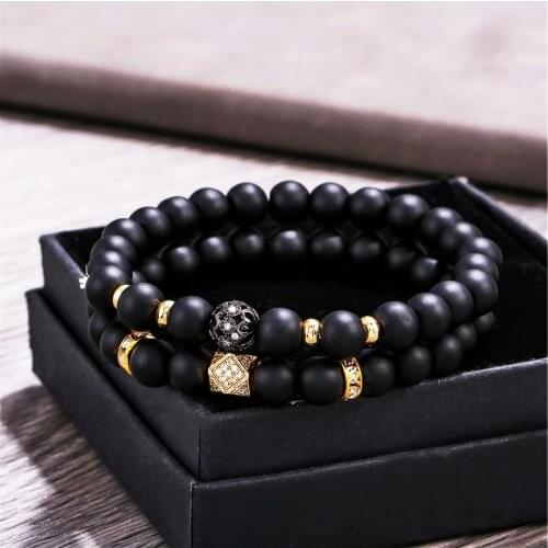 2pcs/set black stone beads bracelet copper ball elastic rope pulsera hombre mens jewelry matte accesorios Men armband bracelets