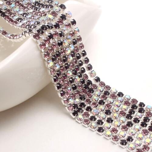 MHS.SUN 10Yard SS6-SS12 Amethyst+AB Claw Crystal Rhinestones Chain With Silver Base Sew-on Glass Rhineston Chain For Clothing