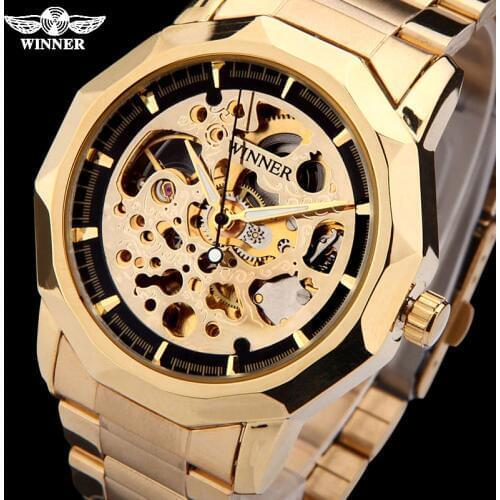 WINNER brand watches men mechanical skeleton wrist watches fashion casual automatic wind watch gold steel band relogio masculino