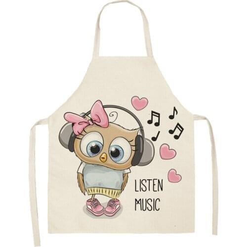 Cute Owl Flower Printed Sleeveless Cotton Linen Apron Kitchen Brief Pinafore Women Home Cooking Baking Waist Bib Man Kid Aprons