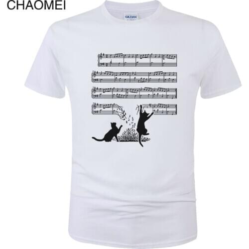 2019 Fashion Summer Cotton Short Sleeve T Shirt Men Funny Cat And Music Sheet Print T-Shirt Cats Music Spectrum Tee Tops C59