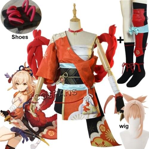 Game Genshin Impact Yоimiya Cosplay Costume Female Fashion Combat Uniform Activity Party Clothing Halloween cosplay wig shoes