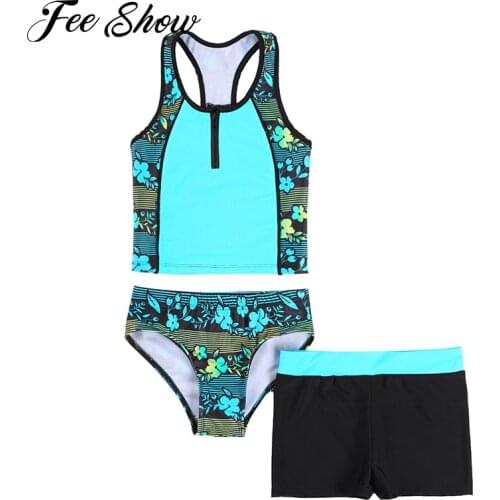 Summer Brazilian Swimsuit Girls 3 Piece Tankini Set Floral Print Sleeveless Racerback Tank Vest Short and Bikini Briefs Swimwear