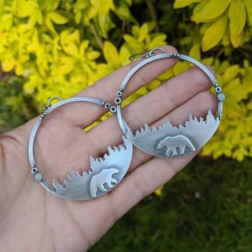 Fashion Silver color bear haunting mountain map large ring earrings, hammer type ring with precious stones